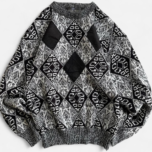 Vintage Alvin Josef Black & White Retro 80s Geometric Leather Diamond Sweater - Picture 1 of 6
